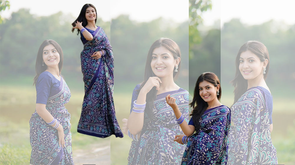 নীল শাড়িতে সাদনিমা নোমান